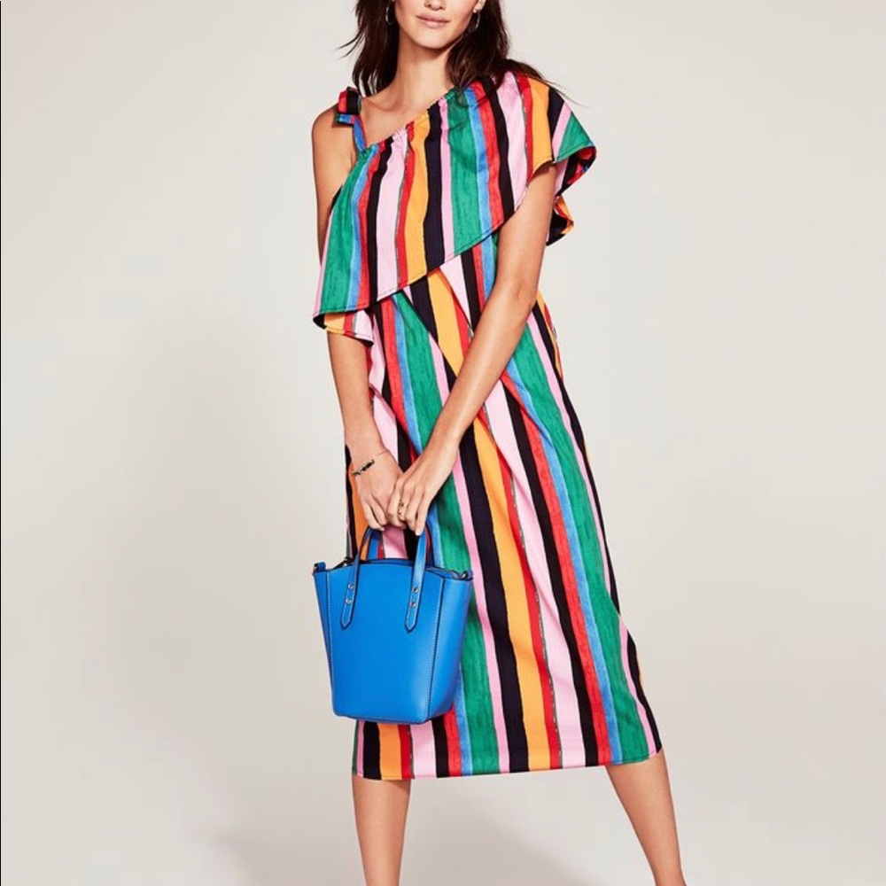 Fun Summer Tropical One Sleeve Midi Dress sz M